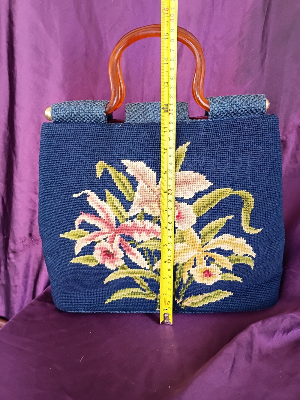Navy Floral Needlepoint Satchel with Amber Handles - Picture 8 of 16